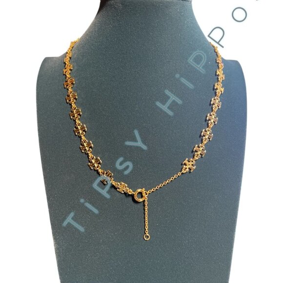 Tory Burch Gold Puzzle Piece Chain Necklace With Adjustable Clasp & Branded Pouc - Picture 3 of 4